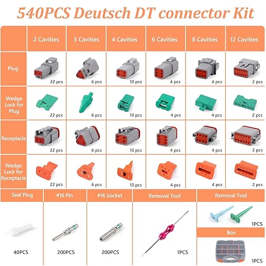 Deutsch Connectors Kit 635PCS - 2/3/4/6/8/12 Pin DT Connectors with Removal Tool, Size 16 Solid Terminal Contacts - 14-18 AWG for Automotive Application