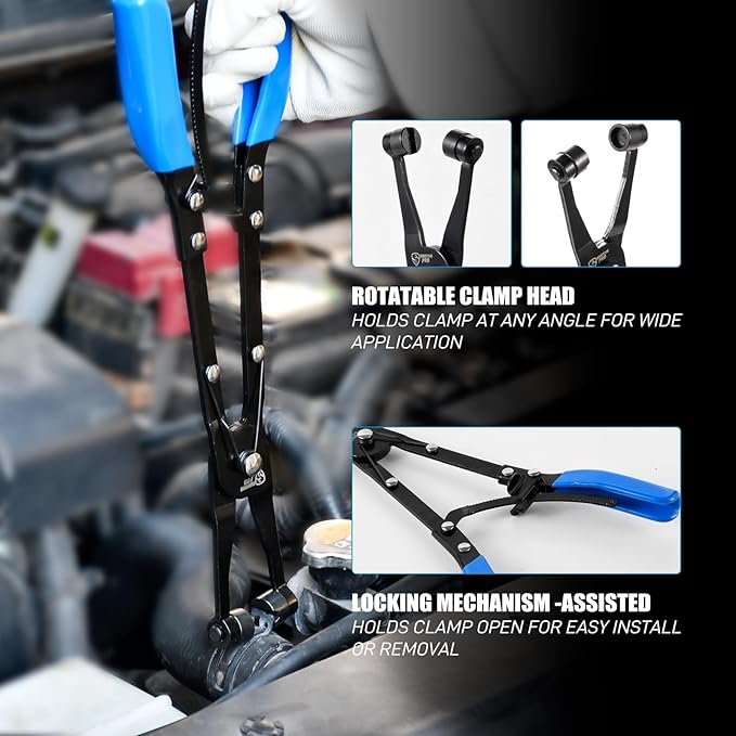 3-Piece Hose Clamp Pliers Set with Locking Assist - 45°/90°/Straight Heads & Rotatable Clamp Jaw - Professional Hose Clamp Tool for 1.1"-2.3" (3-6cm) Hose Clamps