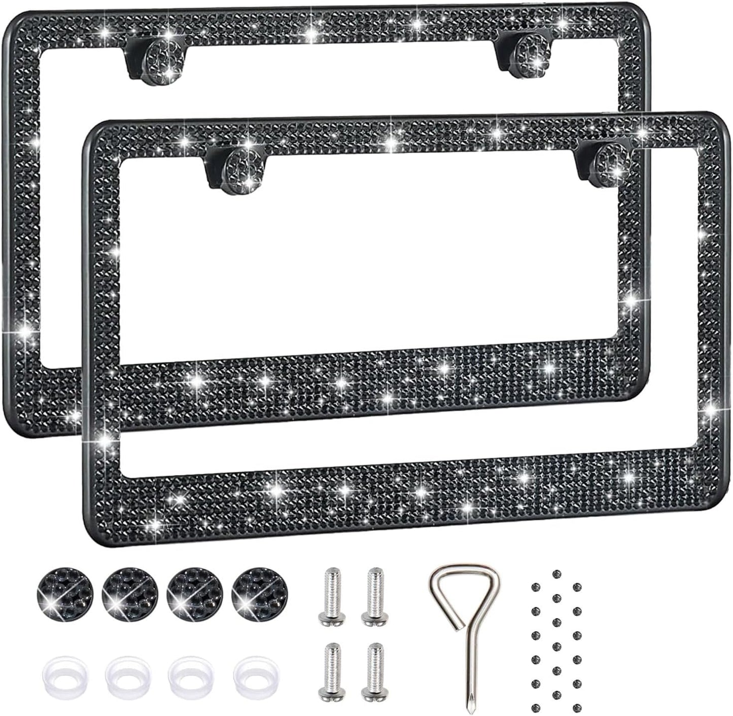2 Pack License Plate Frames for Women, Sparkly Rhinestone Diamond Car Accessories with Glitter Crystal Caps (Black (2PCS))