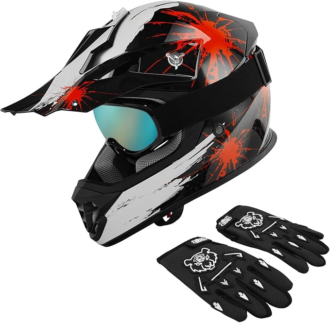 XFMT DOT Youth Kids Dirt Bike Helmet Full Face Motocross Helmets for Off-Road ATV Street Bike Four Wheeler Motorcycle with Goggles & Gloves, Black Red Firework Small