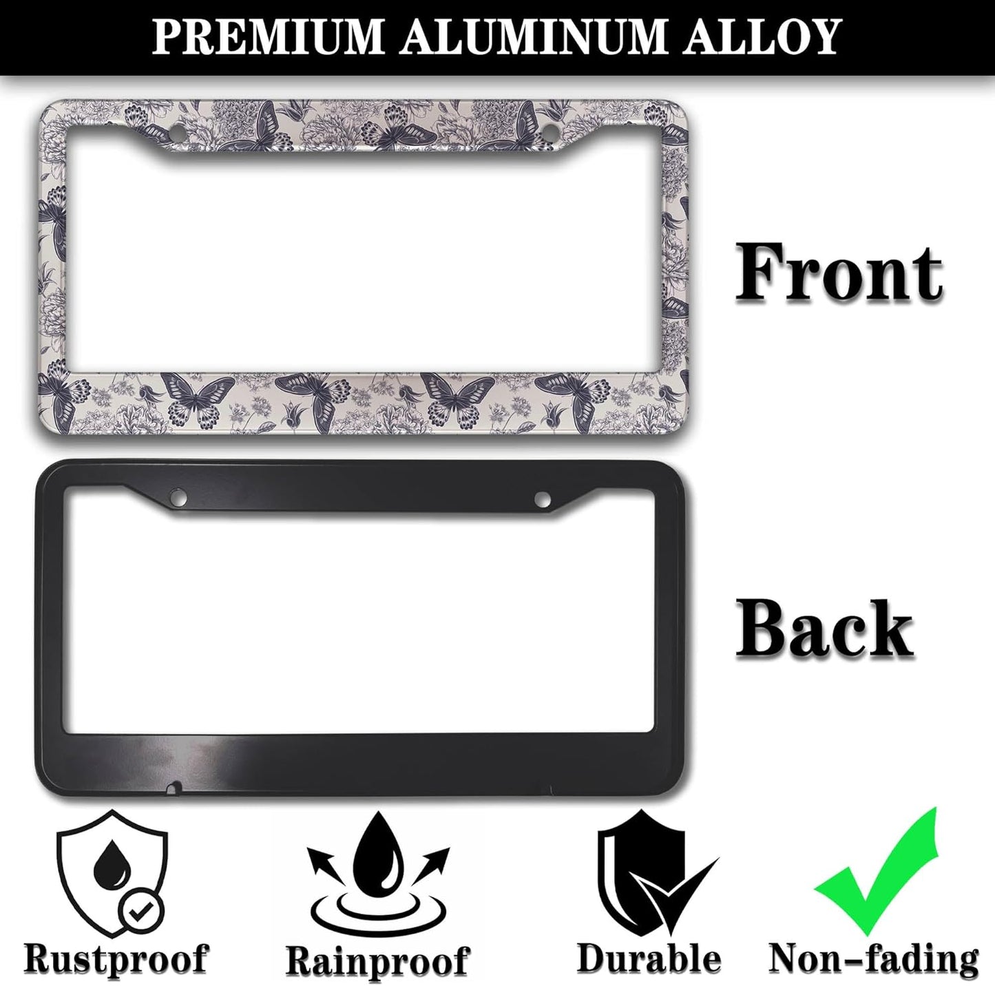 Automotive Exterior Accessories Black and White License Plate Frames Butterfly Flowers Universal Aluminum Car Accessory 2 Pack with Screw Covers Set