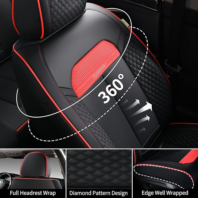FLORICH Front Seat Covers, Luxury Car Seat Cover with Waterproof Leather, Automotive Vehicle Seat Covers for Cars Trucks Vans SUVs Sedans (2 Packs, Black&Red Line)