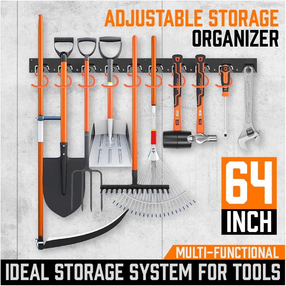 HORUSDY 64 Inch Adjustable Storage System, Wall Mount Tool Organizer, Tool Hangers for Mop and Broom Holder Shovel, Rake, Broom, Mop Holder, Etc