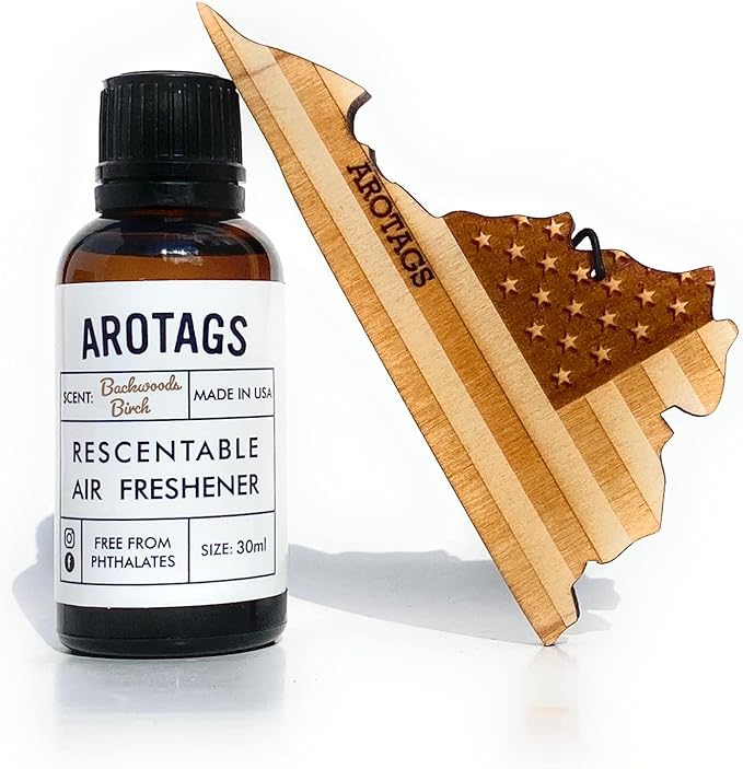 Arotags Car Air Freshener - Reusable Wood Diffuser - Hanging Odor Eliminator - Virginia Patriot - Backwoods Birch Scent