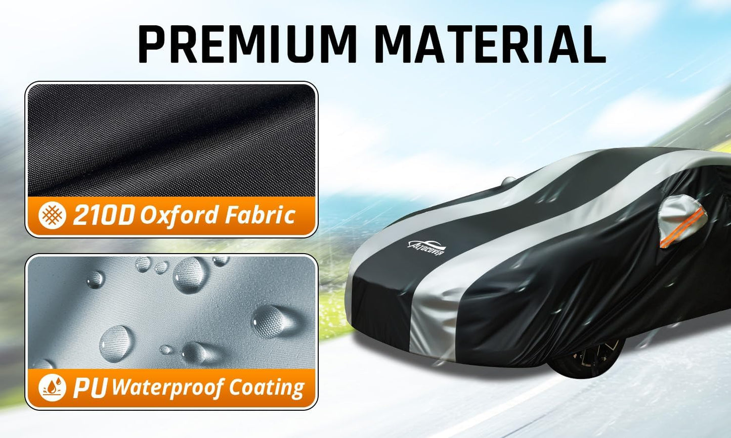 Large Car Covers Waterproof for All Weather Protection with Silver Stripe Design, Car Cover for Automobiles Universal Fit Cadillac Deville, Lincoln Continental Town, Ford Crown Victoria