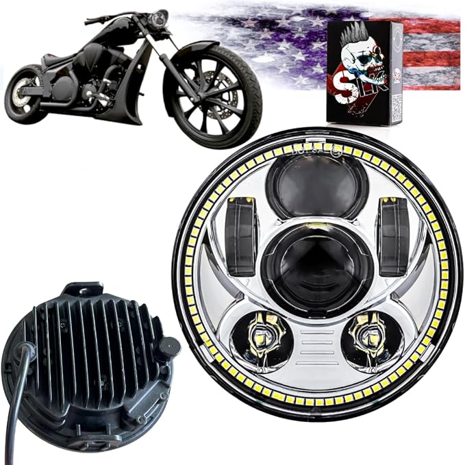 SLK-Lights VT1300 Fury LED Headlight Chrome Halo Daymaker 5 3/4in - Direct Fit - Plug & Play - Compatible Honda VT1300 2010-2025 Honda Fury, Sabre, Interstate, and Stateline (Chrome Halo)