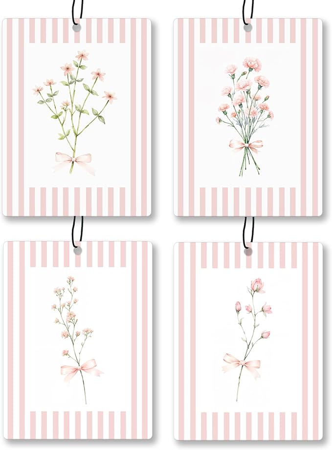 Pink Floral Car Air Freshener 4 Pcs, Coquette Pink Bow Flower Hanging Scents Air Freshener for Women Girls Gifts, Preppy Flower Scented Car Accessories Decor for Room Closet Drawer