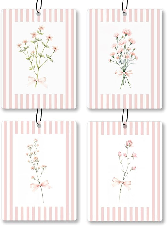 Pink Floral Car Air Freshener 4 Pcs, Coquette Pink Bow Flower Hanging Scents Air Freshener for Women Girls Gifts, Preppy Flower Scented Car Accessories Decor for Room Closet Drawer