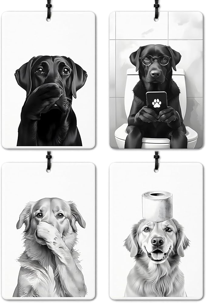 Funny Dog Bathroom Air Freshener 4 Pcs, Black Lab Gifts, Golden Retriever Lovers Gifts Air Freshener Hanging for Bathroom Decor, Dog Lover Gift Car Accessories for Women Men