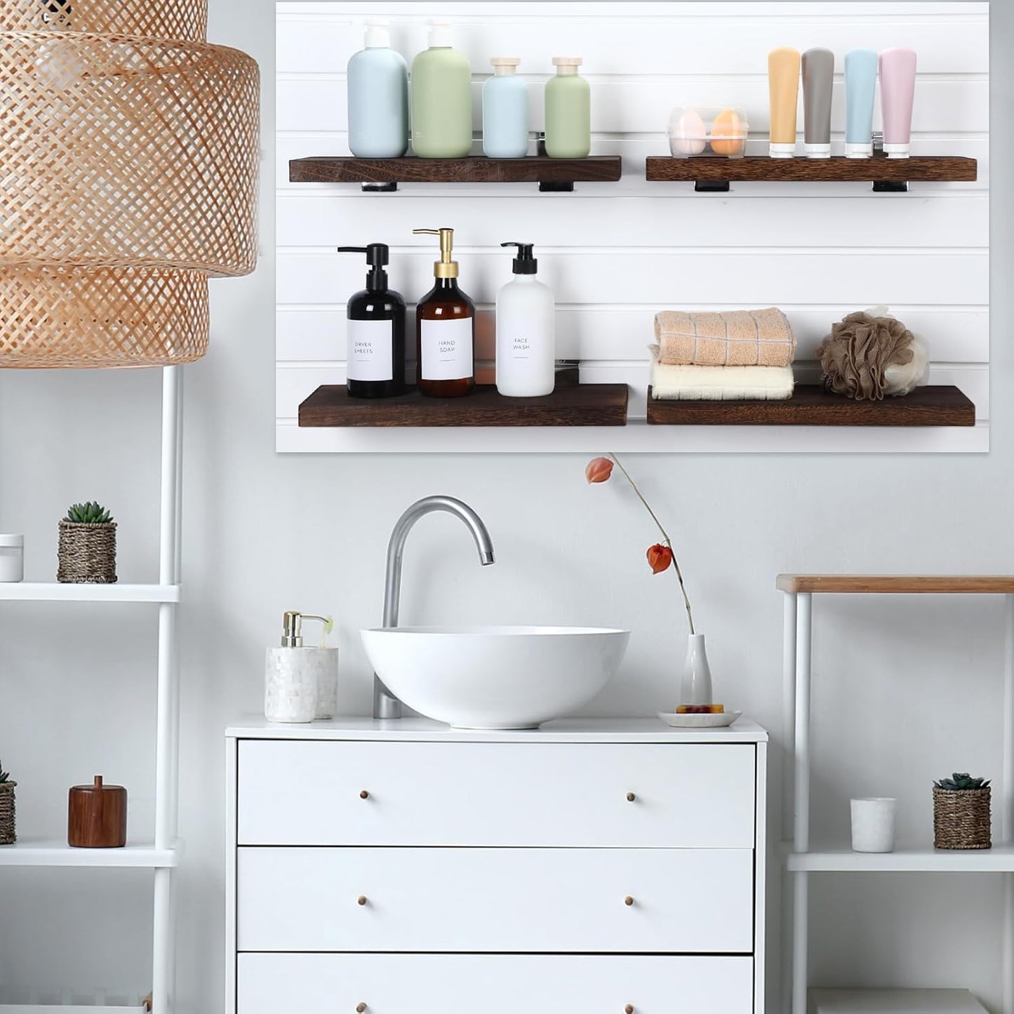 4 Pack Wooden Slatwall Shelf, 16.1" D x 6.7" W x 1.1" H Slatwall Shelves with Metal Hooks Organizer Set Mounted Accessories for Garage Home Workshop Workbench (Brown)