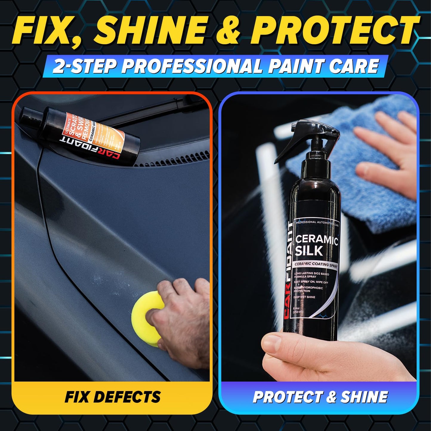 Carfidant Scratch & Swirl Remover with Ceramic Silk – Car Scratch Remover for Vehicles Paint Repair with Ceramic Coating Spray – Polishing & Washing Kits with Applicator Pad & Microfiber Towel