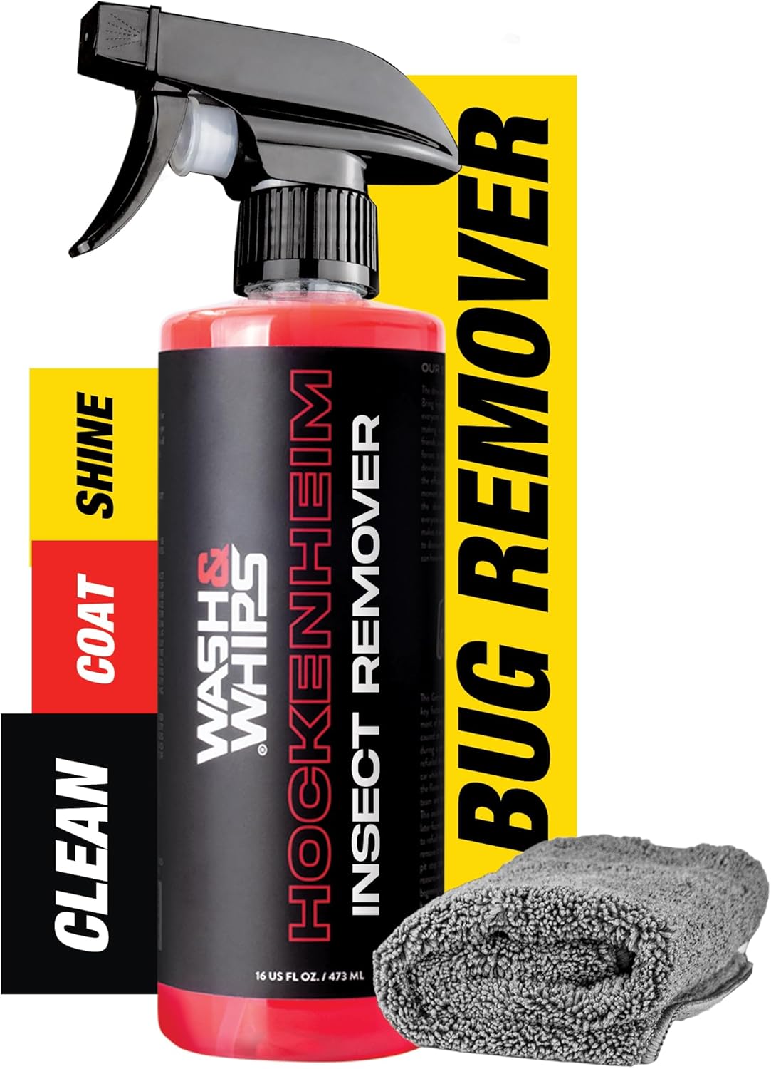 WASH&WHIPS Hockenheim Bug & Insect Remover - Professional Strength, Non-Scratching - Car Detailing, RVs, Boats - 16 fl oz (w/Microfiber Towel)