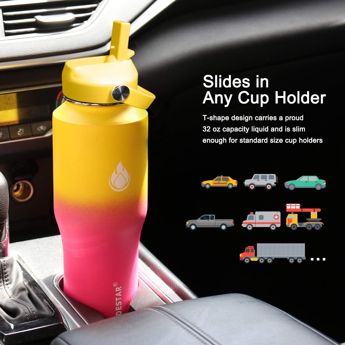 SENDESTAR 32oz Water Bottle Wide Mouth Stainless Steel Vacuum Insulated Double Wall with 2 Straw Lids Fit in Any Car Cup Holder TXIN-32-YP-1