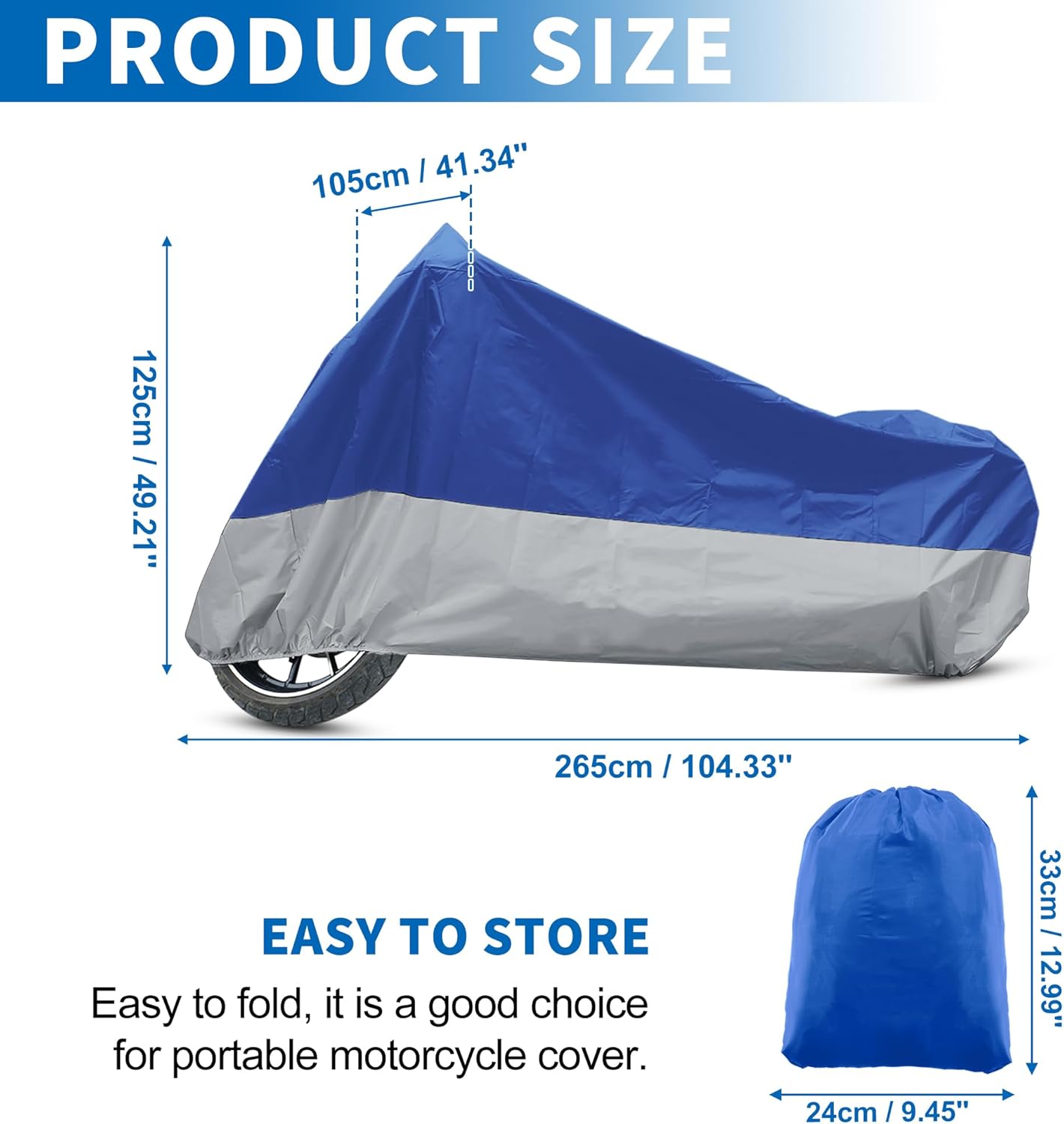 X AUTOHAUX Motorcycle Cover for Harley Davidson for Honda for Suzuki All Season Waterproof Sun Outdoor Protection Motorbike Cover Fits Up to 104.33'' Motorcycles Cover XXL Blue Silver Tone