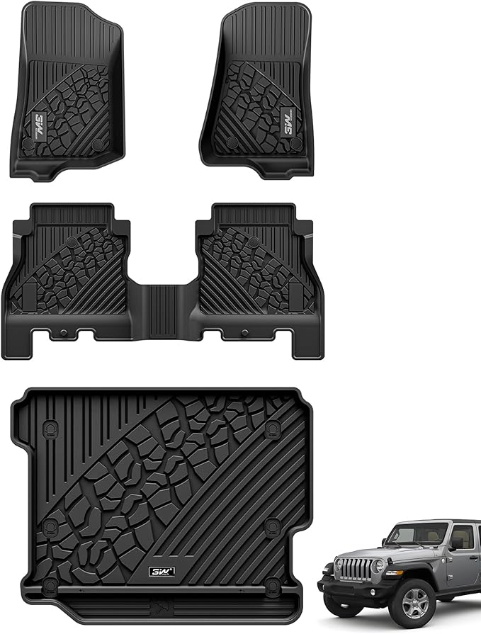 3W Floor Mats&Cargo Liner Fit for Jeep Wrangler JL 2018-2024 2025 Unlimited 4-Door Sahara Willys Rubicon Without Subwoofer (Non JK or 4XE) All-Weather TPE Floor Liner and Trunk Full Set Car Mats