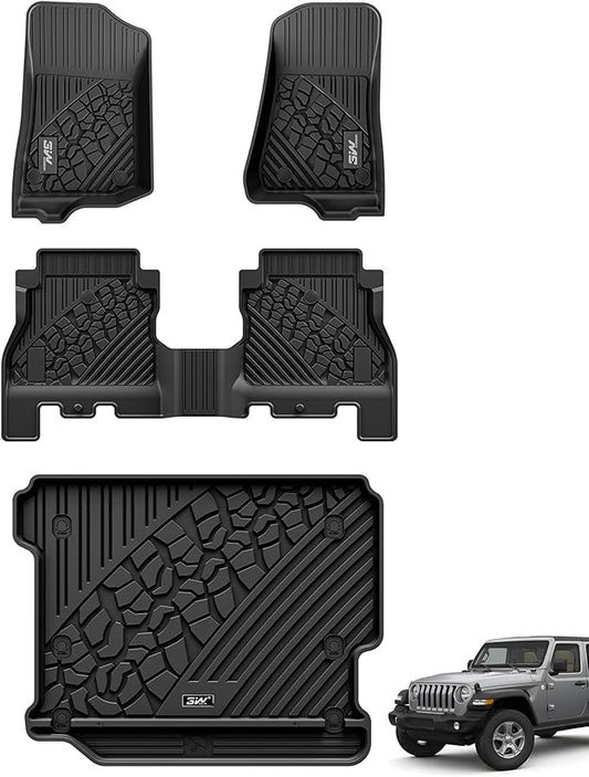 3W Floor Mats&Cargo Liner Fit for Jeep Wrangler JL 2018-2024 2025 Unlimited 4-Door Sahara Willys Rubicon Without Subwoofer (Non JK or 4XE) All-Weather TPE Floor Liner and Trunk Full Set Car Mats