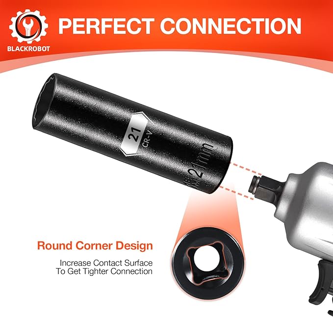 BLACKROBOT 21 mm 12-Point Deep Impact Socket, 1/2 Inch Drive, Metric, Cr-V Steel With Black Manganese Phosphate Coating