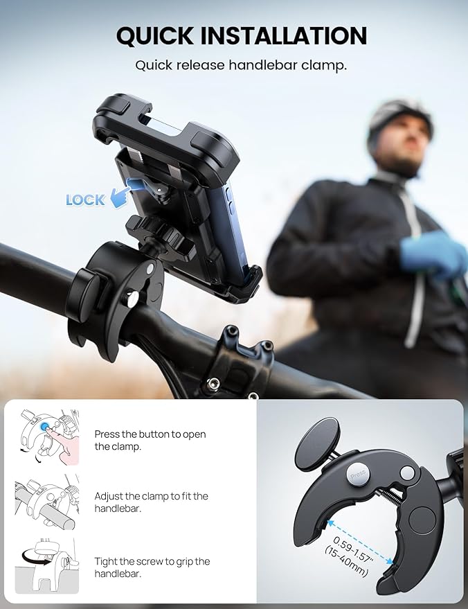 Lamicall Motorcycle Phone Mount, Bike Phone Holder - [Metal Lock] Upgrade Quick Install Handlebar Clip for Bicycle Scooter, Cell Phone Clamp for iPhone 17 16 15 Pro Max, Galaxy, 4.7-6.8" Phones