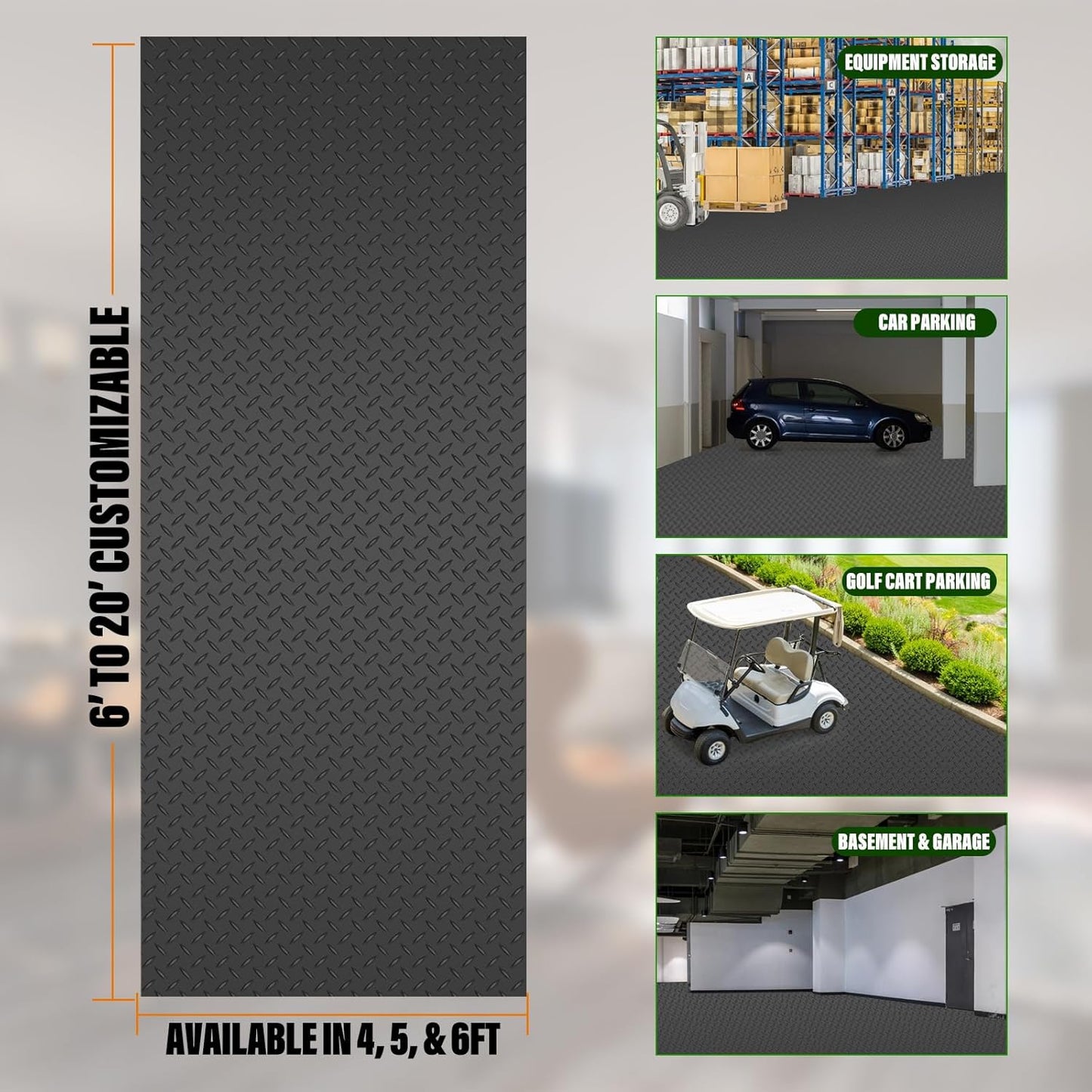 SEAL 4 x 6 Ft Premium Garage Floor Mat, Solid 2.8mm Thickened Black Commercial Grade Heavy Duty Parking Mat for Garage Floor, Golf Cart, Water/Stain Resistant Floor Runner (Embossed Diamond Plate)