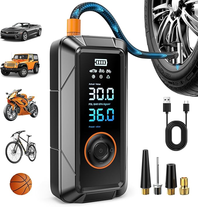 Tire Inflator Portable Air Compressor - Cordless & DC Inflation 4X Faster 150 PSI Portable Pump for Cars Bikes Motorcycles Balls with Pressure Gauge Function Air Compressor Tires Pump