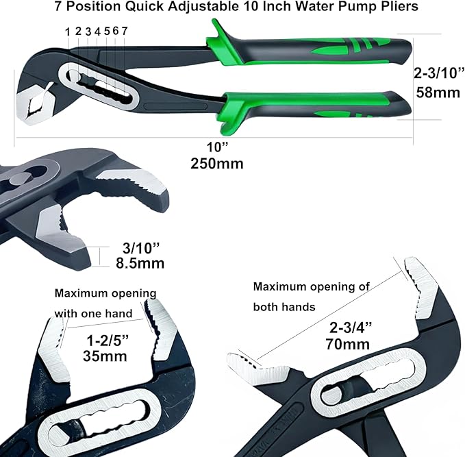 10 Inch Water Pump Pliers 7 Position Quick Adjust Groove Joint with V Jaw CR V Steel Tongue and Groove Plier TPR Handle for Plumbing Automotive and Home Repair