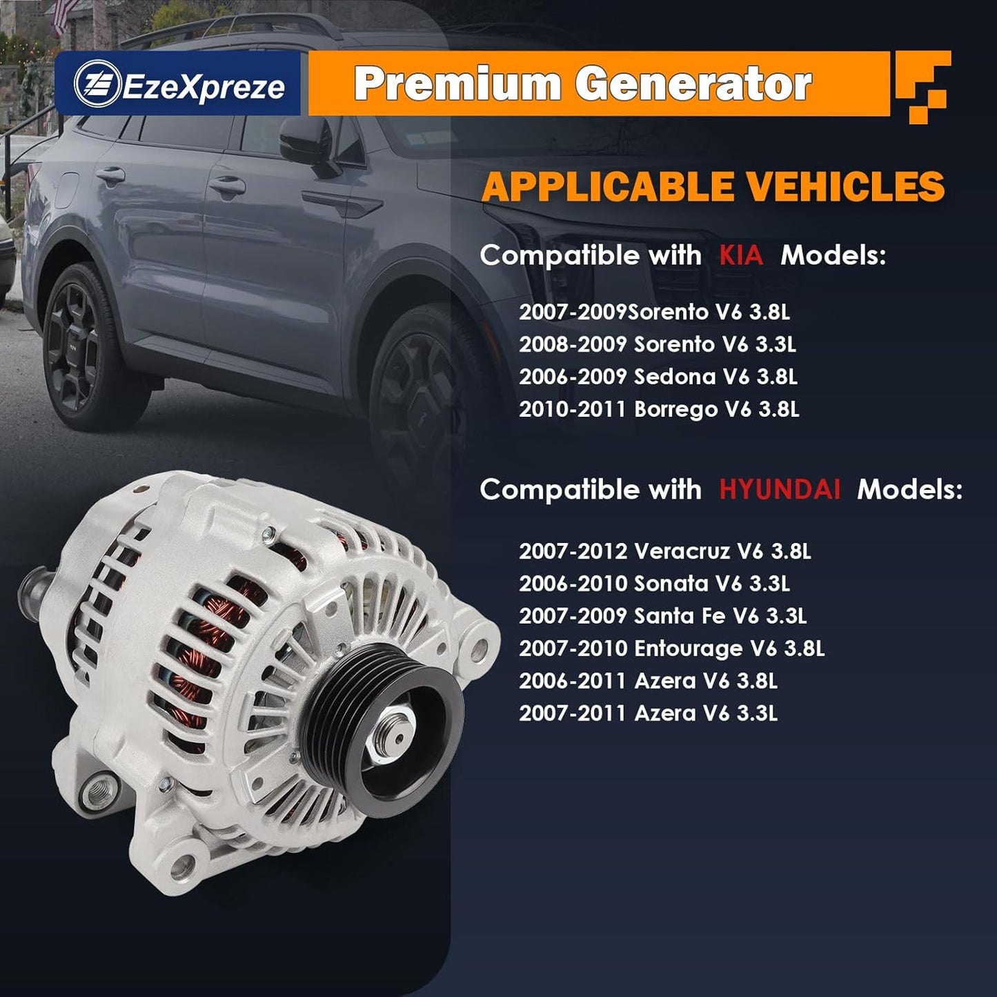 Ezexpreze 11191 New Alternator Replacement For 2006-2012 Kia Hyundai 3.3 3.8L,06-11 Azera,06-10 Santa Fe Sonata, 07-10 Entourage Veracruz, 07-09 Kia Sorento, 06-09 Sedona, 10-11 Borrego, V6