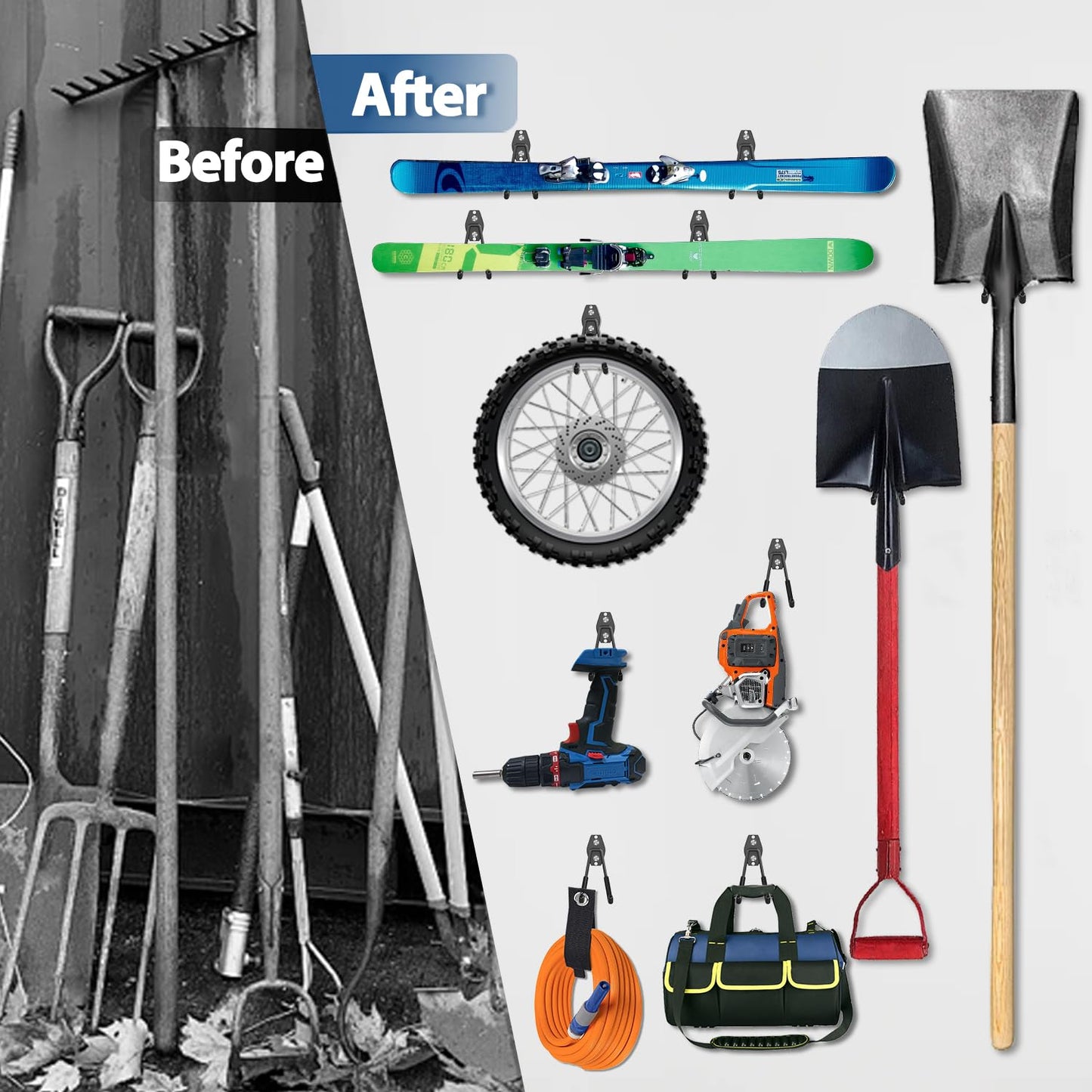 3-H Garage Wall Hooks 14 Pack, Garage Hooks Heavy Duty with Extra Welding Spots, Wall Mount Storage Organizer for Hanging Garden Lawn Tools, Ladder, WeedEater, Chair, Shovel, Blower (Black)