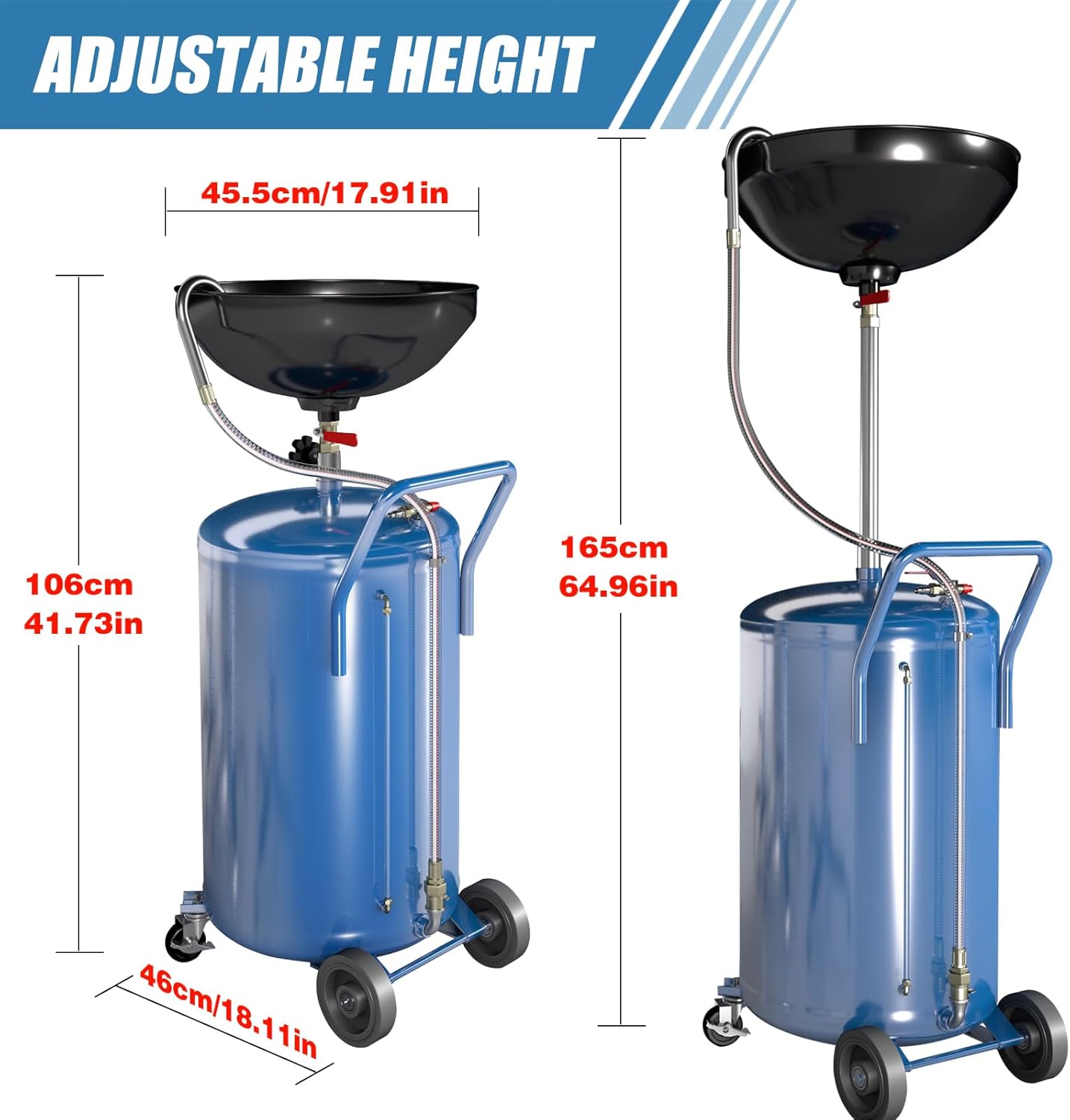 20 Gallon Waste Oil Drain Tank with Wheels,Air Operated Drainer Oil Change Tank,Oil Drain Container with Adjustable Funnel Height,for Easy Oil Removal,Blue