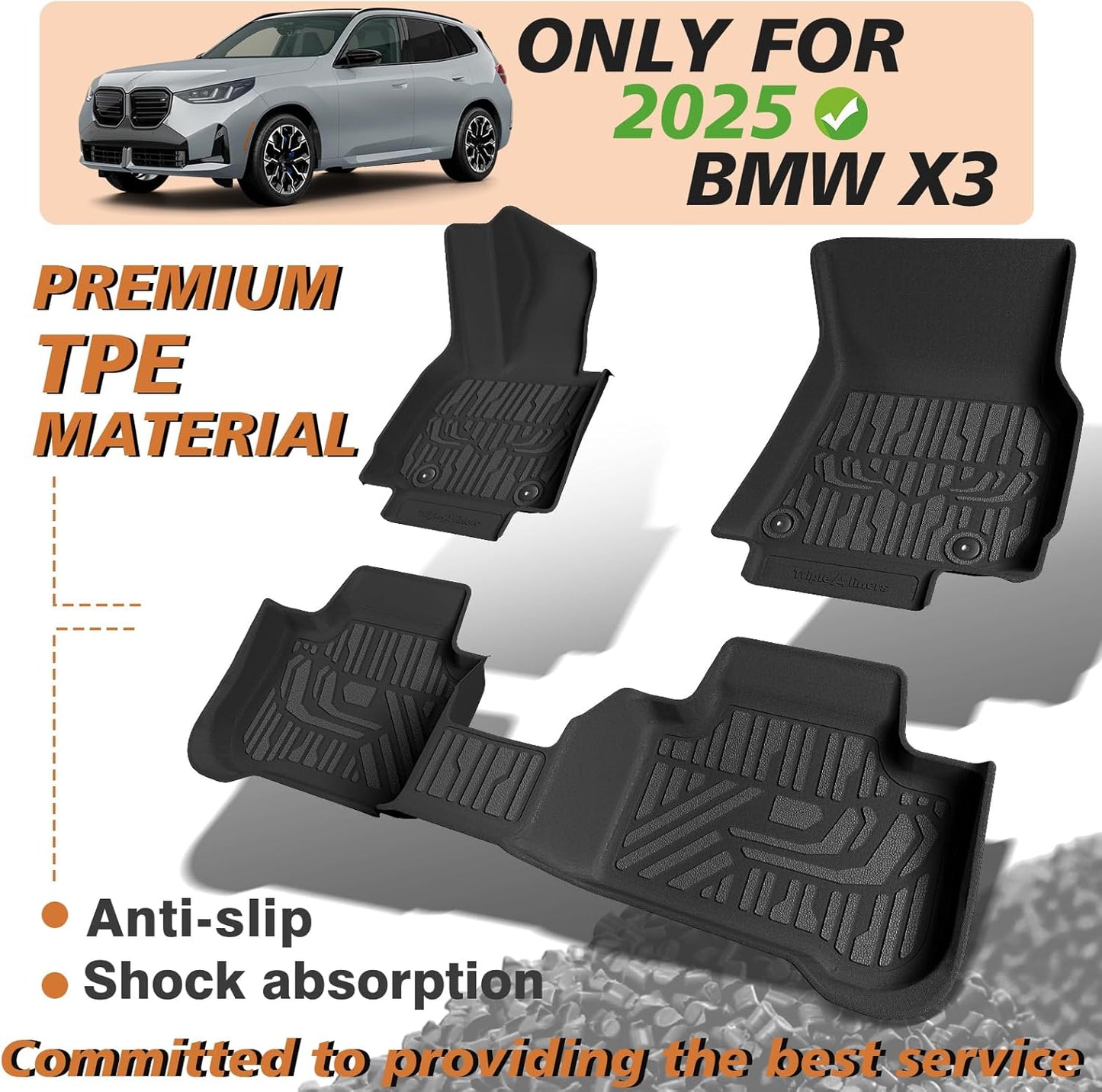 TripleAliners Floor Mats All Weather Compatible with 2025 BMW X3 Accessories 1st & 2nd Row TPE Heavy Duty Protection Odorless Anti-Slip Floor Liners