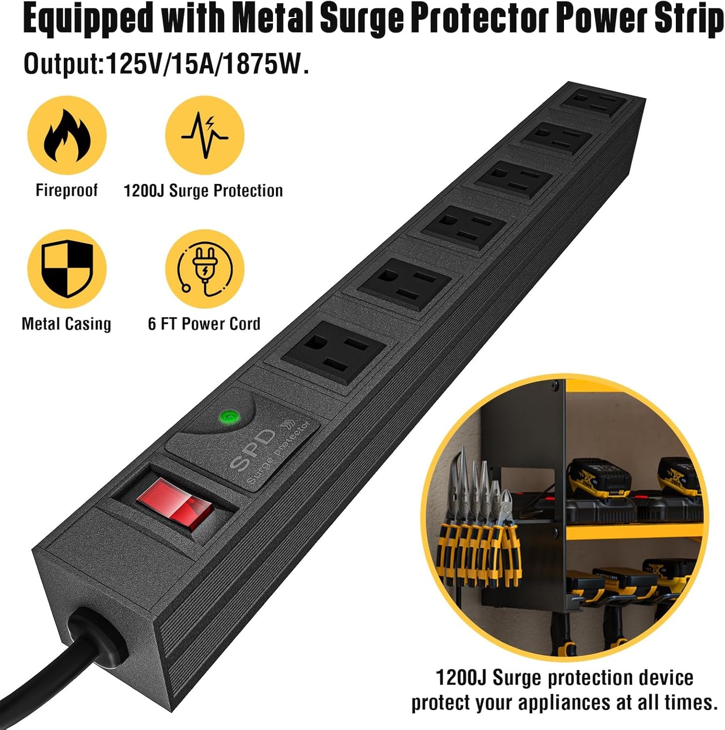 YYR Power Tool Organizer with Charging Station Wall Mount, Cordless Drill and Battery Holder for Garage Organization, Electric Tools Storage Rack Build in Surge Protection Power Strip - Yellow Shelf