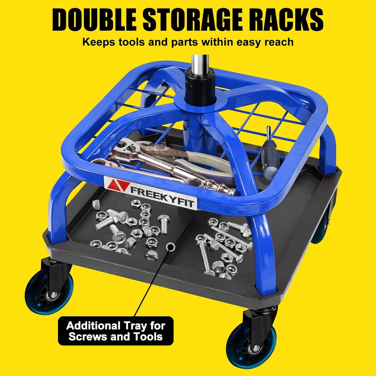 Rolling Stool with Blue Wheels,Heavy Duty Garage Work Mechanic Rolling Shop Stool with Backrest, Adjustable Height 360°Swivel Roller Mechanic Chair with 2 Tool Trays, 330 LBS Capacity