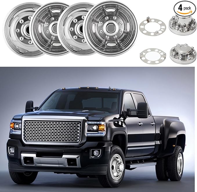 Set of 4 16inch Stainless Steel Dually Wheel Simulators, 8 Lug 4 Hand Hole Hubcaps Cover Fit for 74-00 Chevy GMC 3500, 74-98 Ford F350, 08-21 Ford E350/E450 Van, 74-99 Dodge Ram 3500