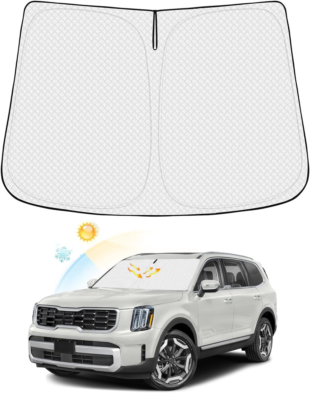 Windshield Sun Shade for 2020-2025 2026 Kia Telluride Accessories Thicken 6-Layer Front Window Sunshade Cover Sun Visor Protector Foldable Block UV Rays Keep Vehicle Cool