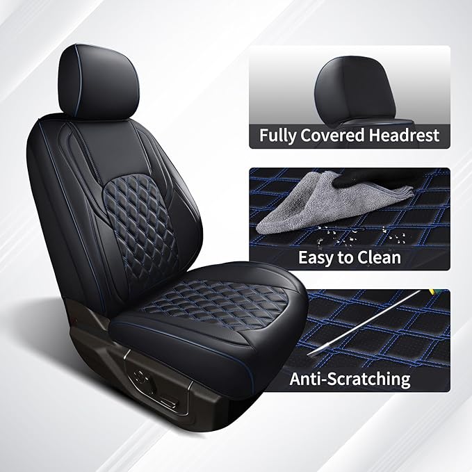 Huidasource Faux Leather Front&Rear Truck Seat Cover Custom Fit for 2015-2025 Ford F150 SuperCrew & 2017-2025 F250 F350 F450 Super Duty Crew Cab XL XLT Lariat King Ranch Platinum(Full Set/Black&Blue)