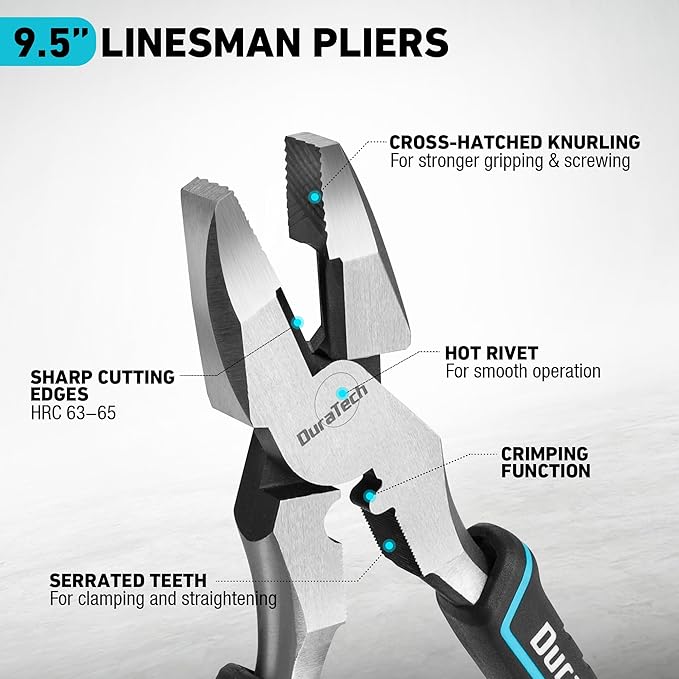 DURATECH 9.5 INCH High Leverage Linemans Pliers, Heavy Duty Side Cutters, Linesman Pliers for Wire Cutting, Crimping