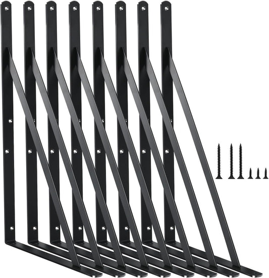 8 Pack L16 x H 10" Black Heavy Duty Shelf Brackets with Screws Metal Shelf Brackets Shelf Support Angle Brackets for Shelves L Brackets Heavy Duty Floating Shelf