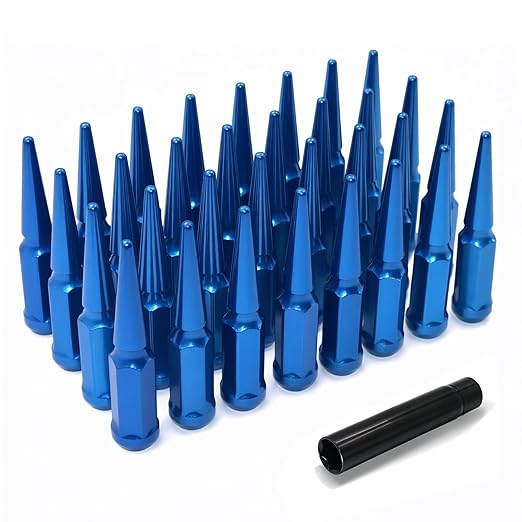 9/16"-18 Blue Wheel Spike Lug Nuts, 32 PCS Lug Nut Accessories with 1 Socket Key, Thread Spiked 4.4" Long Closed End Nuts Compatible with F250 F350, Ram 1500 2500