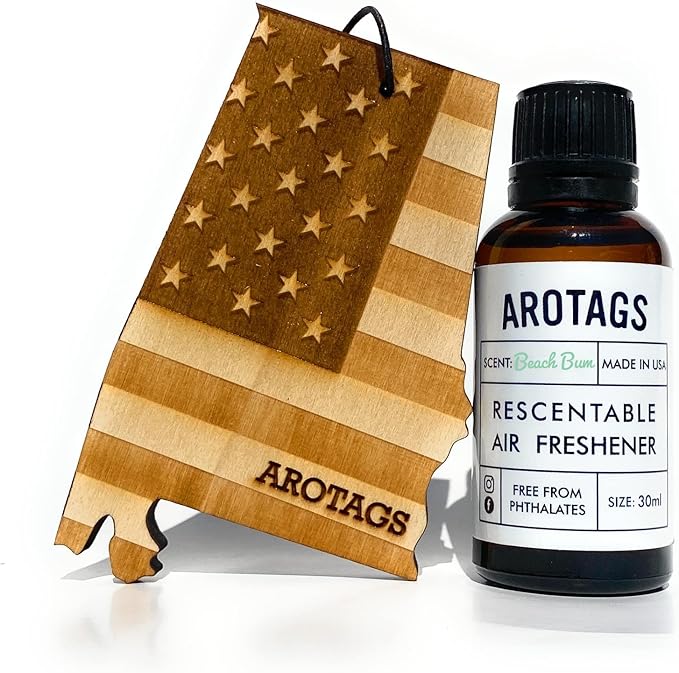 Arotags Car Air Freshener - Reusable Wood Diffuser - Hanging Odor Eliminator - Alabama Patriot - Beach Bum Scent