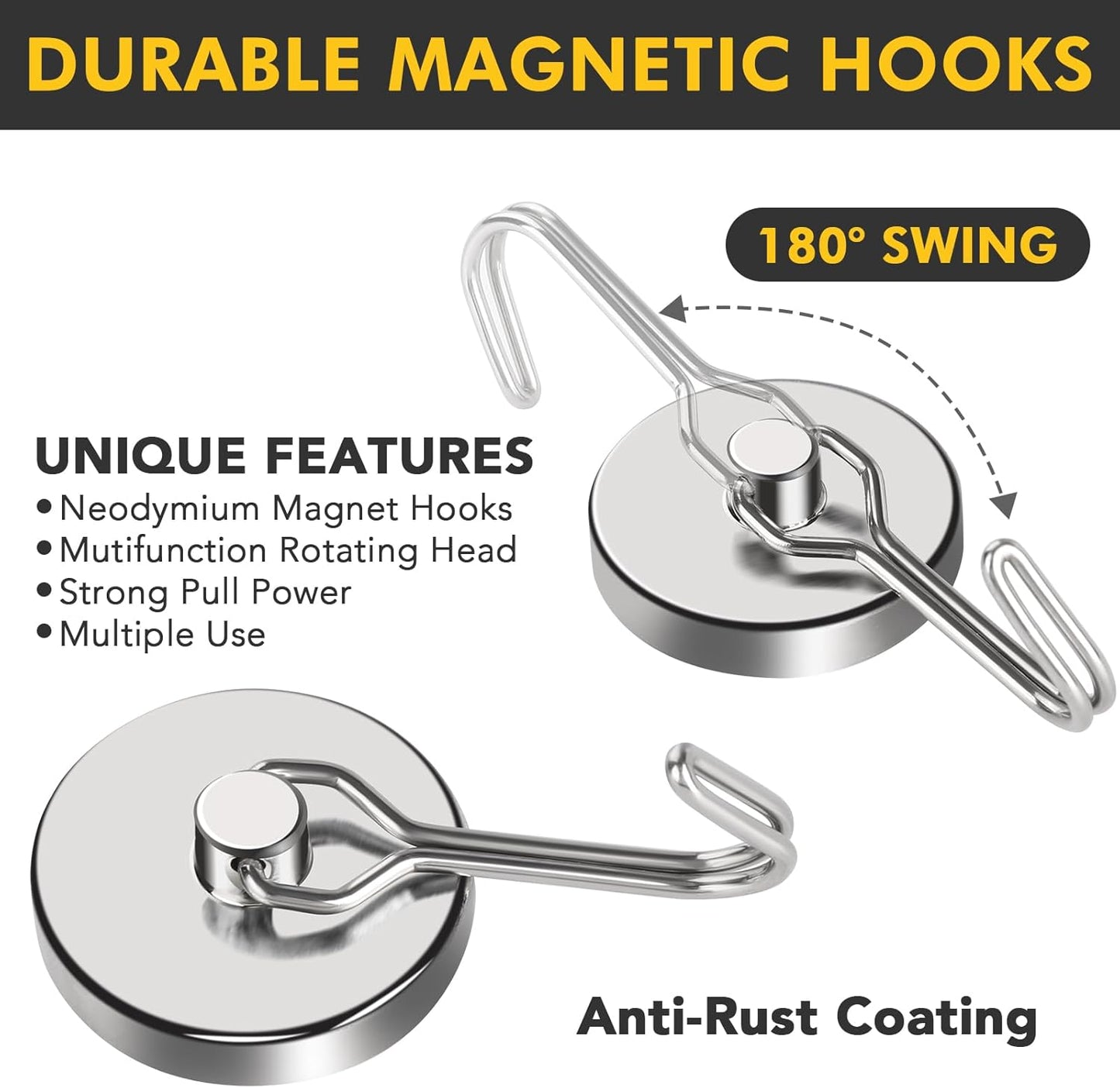 MIKEDE 110LB Magnetic Hooks, Neodymium Magnet Hooks for Hanging, Swivel Swing Magnetic Hook Heavy Duty, Strong Magnet with Hooks for Cruise, Kitchen, Camping, Door, Locker - 2 Pack