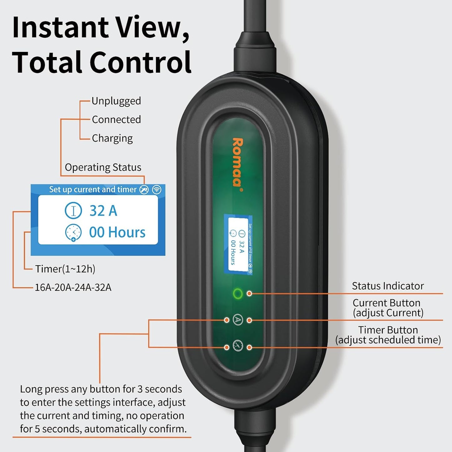 Level 2 EV Charger w/App Control: 32A 240V 7.68kW Fast Charging, NEMA 14-50 Plug & 25ft J1772 Charging Cable, Indoor/Outdoor Portable EVSE for Home, ETL/FCC Certified