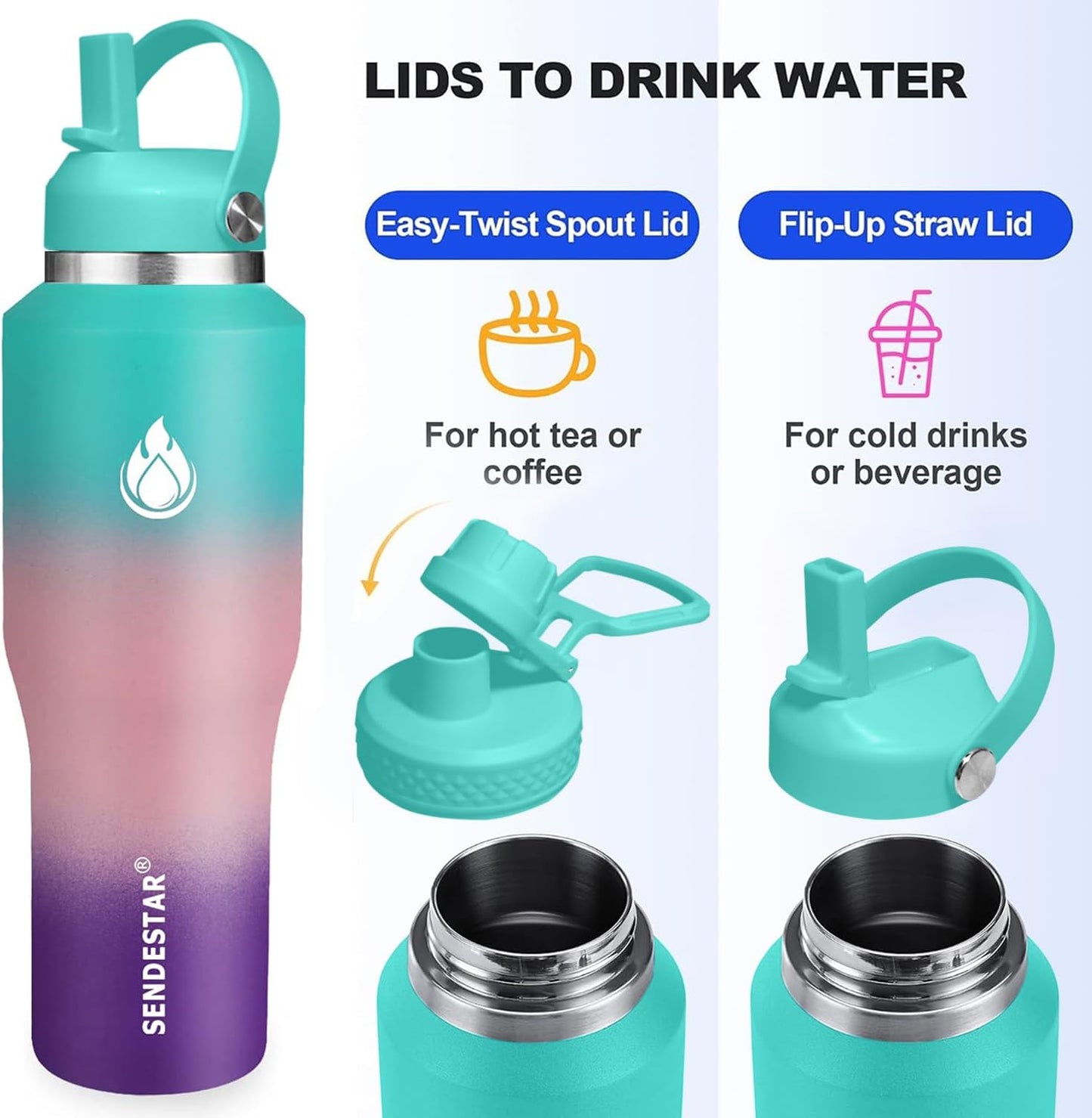 SENDESTAR 40oz Stainless Steel Water Bottle(Cold for 48 Hrs, Hot for 24 Hrs),Double Wall Vacuum Insulated Bottle with Straw Lid, Spout Lid and Flex Cap, Fit in Any Car Cup Holder