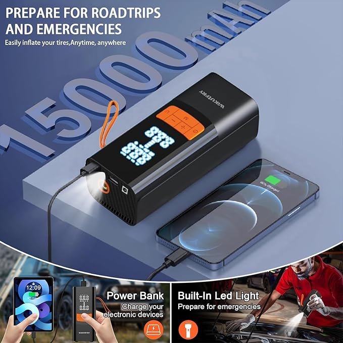 Tire Inflator Portable Air Compressor, 15000mAh and 150PSI Car Tire Pump with Pressure Display for Cars, Motorcycles, Bicycles, Ball Bikes with Pressure Gauge, Dual-Use Type