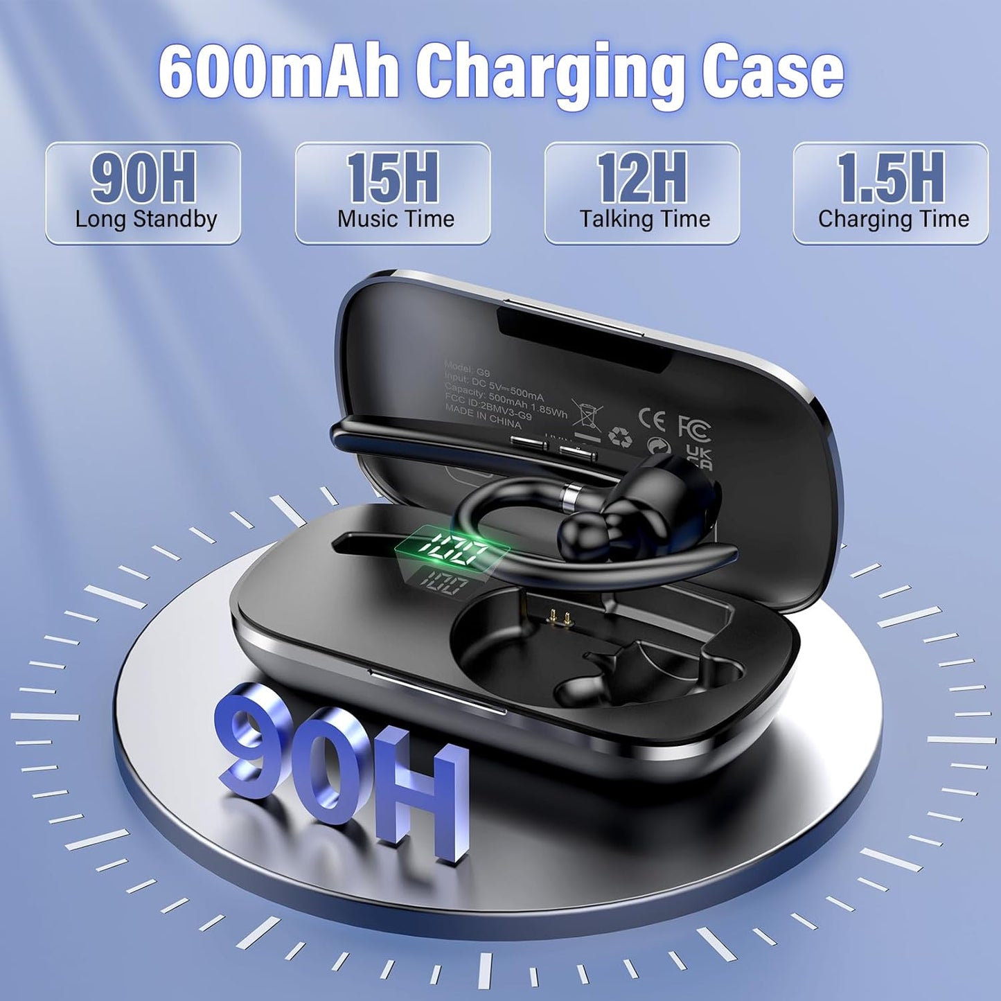 Bluetooth Headset, Wireless Bluetooth 5.3 Earpiece, 90Hrs Hands Free Headset with APTX HD Audio & Mute Button, Dual Noise Cancelling Mics, Single-Ear Headphone for Trucker/Business/Gym/Blue