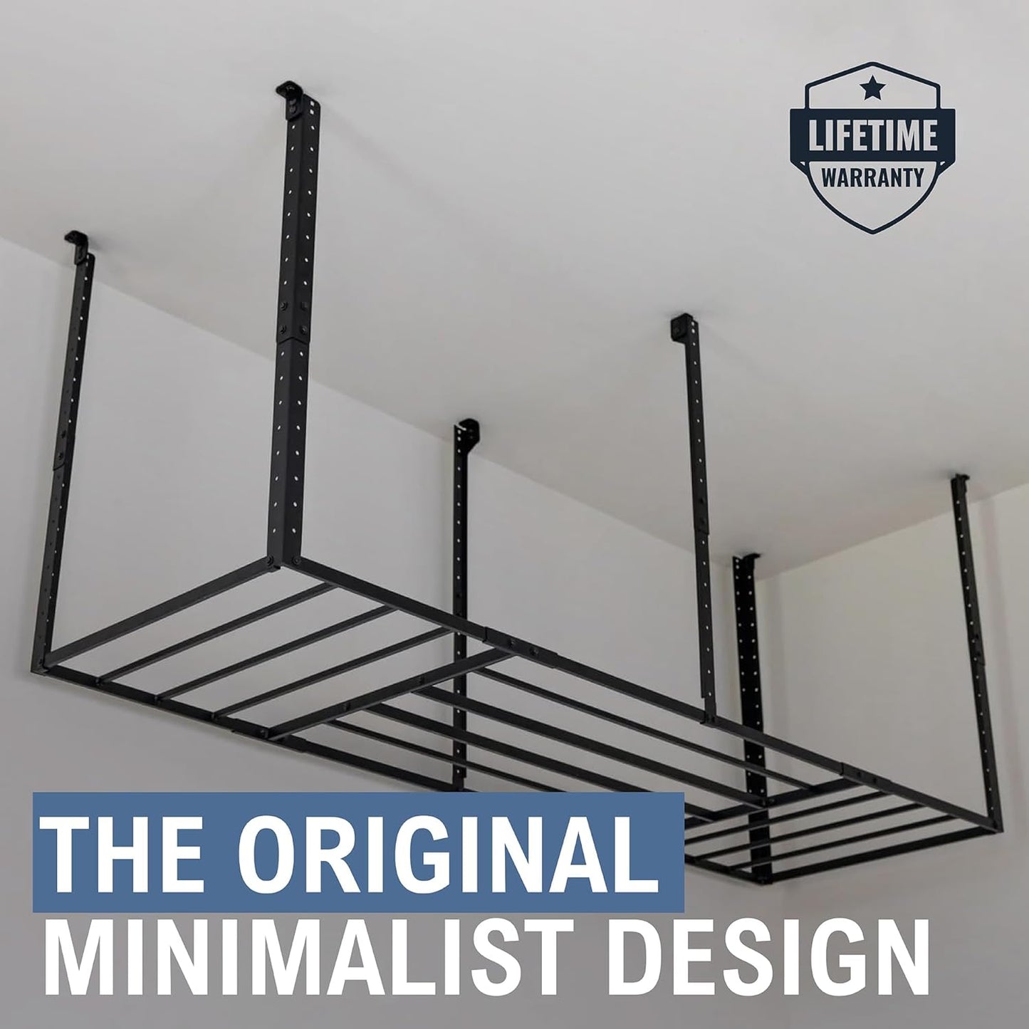 StoreYourBoard Heavy-Duty Ceiling Mounted Garage Shelving, Steel Overhead Ceiling Shelf, 3x8 Garage Organization Rack with Hooks, Holds 700 lbs