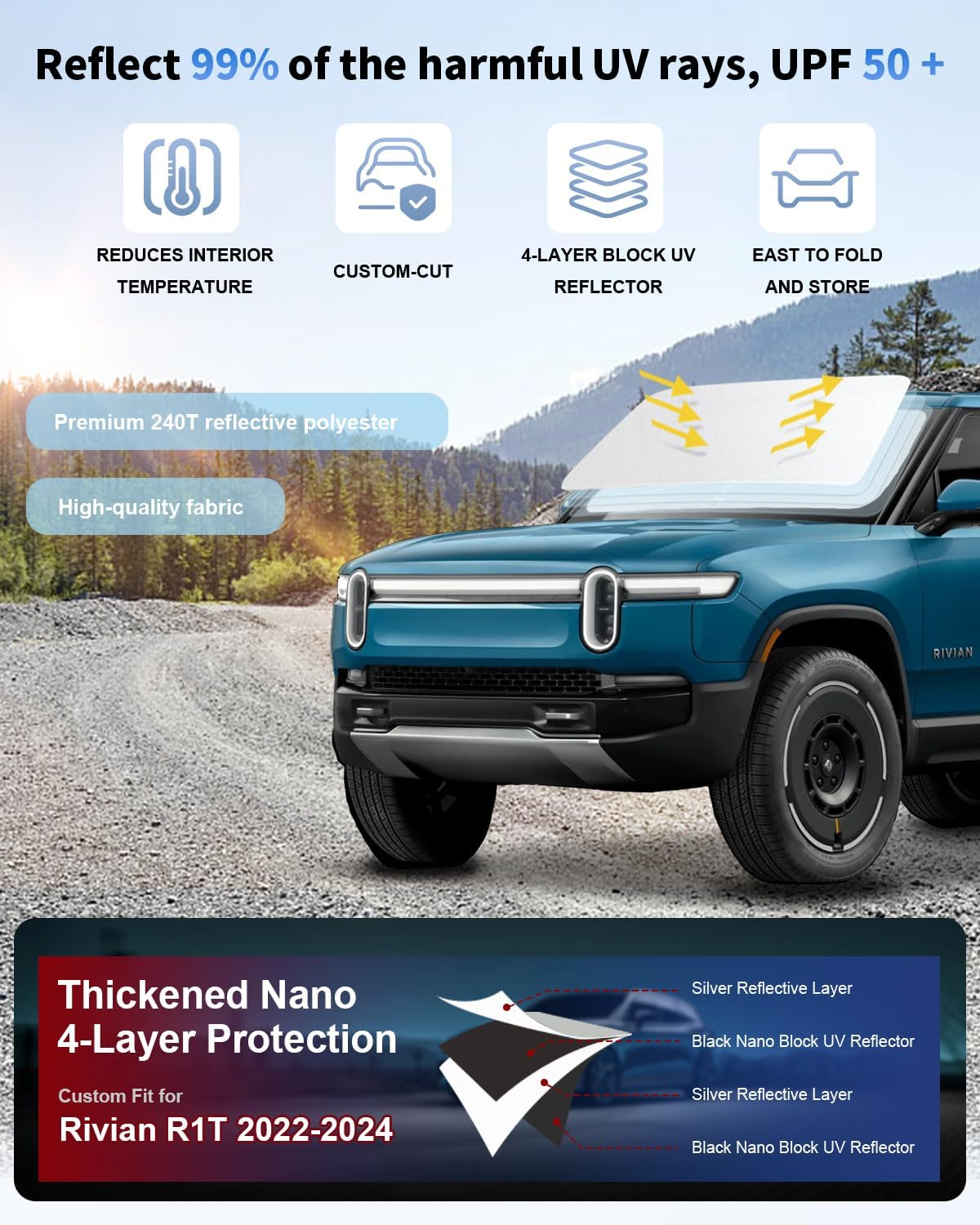 Sunshade for Rivian R1T Windshield Sun Shade Custom Fit for 2022 2023 2024 2025 Rivian R1T Truck Accessories Windshield Cover, 4-Layer Car Front Window Sun Visor Shield Foldable Protector Block UV Ray