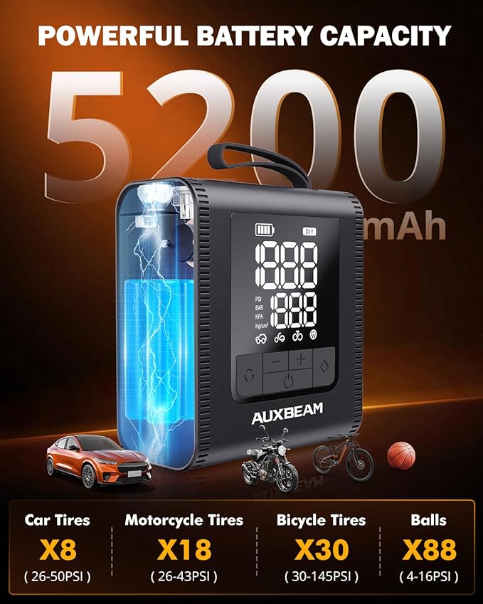 AUXBEAM H4Pro Tire Inflator Portable Air Compressor,150PSI 2 in 1 Rechargeable 5200mAh Car Tire Inflator Portable 4 Preset Inflation Modes 12V Air Pump With LCD Screen for Car, Motorcycle, Bike, Ball