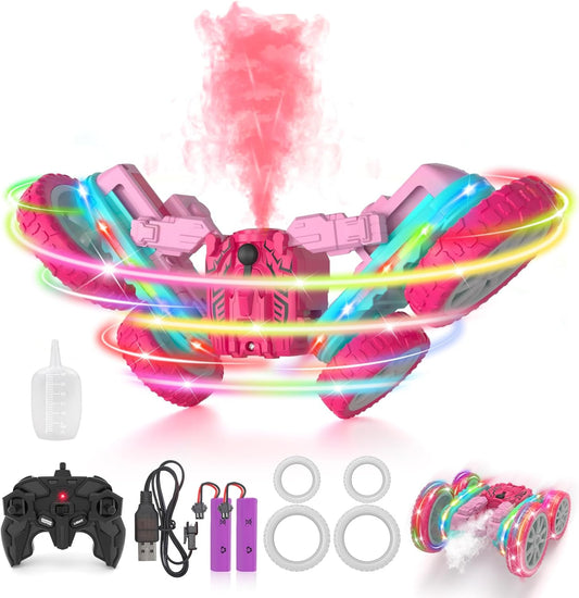 Remote Control Car for Girls, RC Cars 2.4GHz Fast RC Stunt with Strip Light, RC Trucks with Spray 4WD 360° Rotating, Off Road RC Cars Xmas Birthday Gift for Girls (Pink)