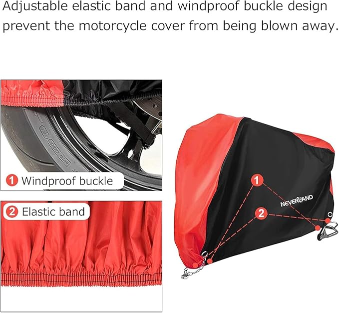NEVERLAND Motorcycle Cover Waterproof Outdoor - Motorbike Scooter Covers Heavy Duty Medium with Lock-Holes, Bandage, Storage Bag Compatible with Harley Davidson Kawasaki Yamaha Honda Grom (Up to 116”)