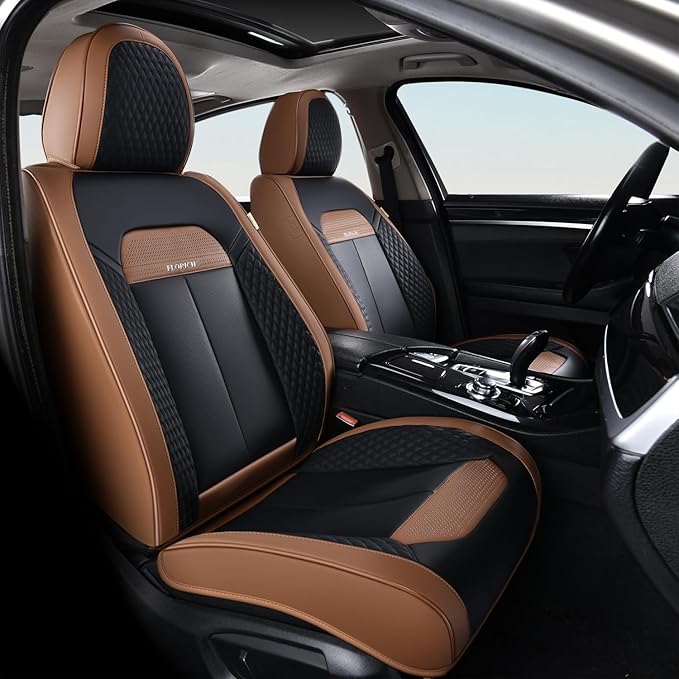 FLORICH Leather Car Seat Covers Full Set, Breathable Waterproof Nappa Leather Seat Covers, Gary Seat Covers, Automotive Interior Cover Universal for Cars SUV Truck Sedan - Light Coffee