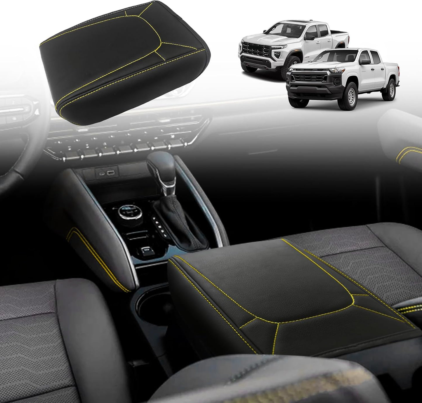 Muslogy Center Console Armrest Cover Compatible with Colorado/GMC Canyon 2023 2024 2025 ZR2 Z71 Trail Boss LT WT Elevation AT4 Denali AT4X Accessories Regular Thick(Yellow Stitching)